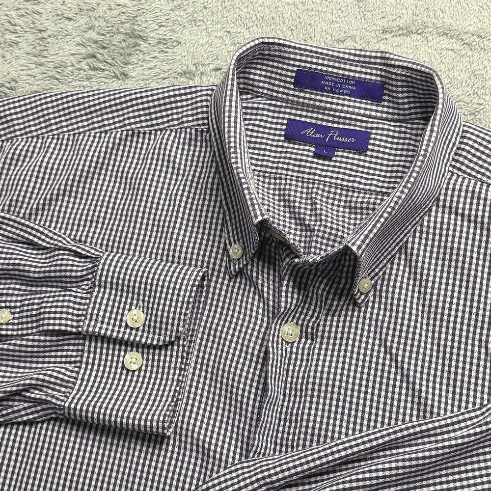 Alan Flusser Mens Large Purple Gingham Check Button Down 100% Cotton Dress Shirt